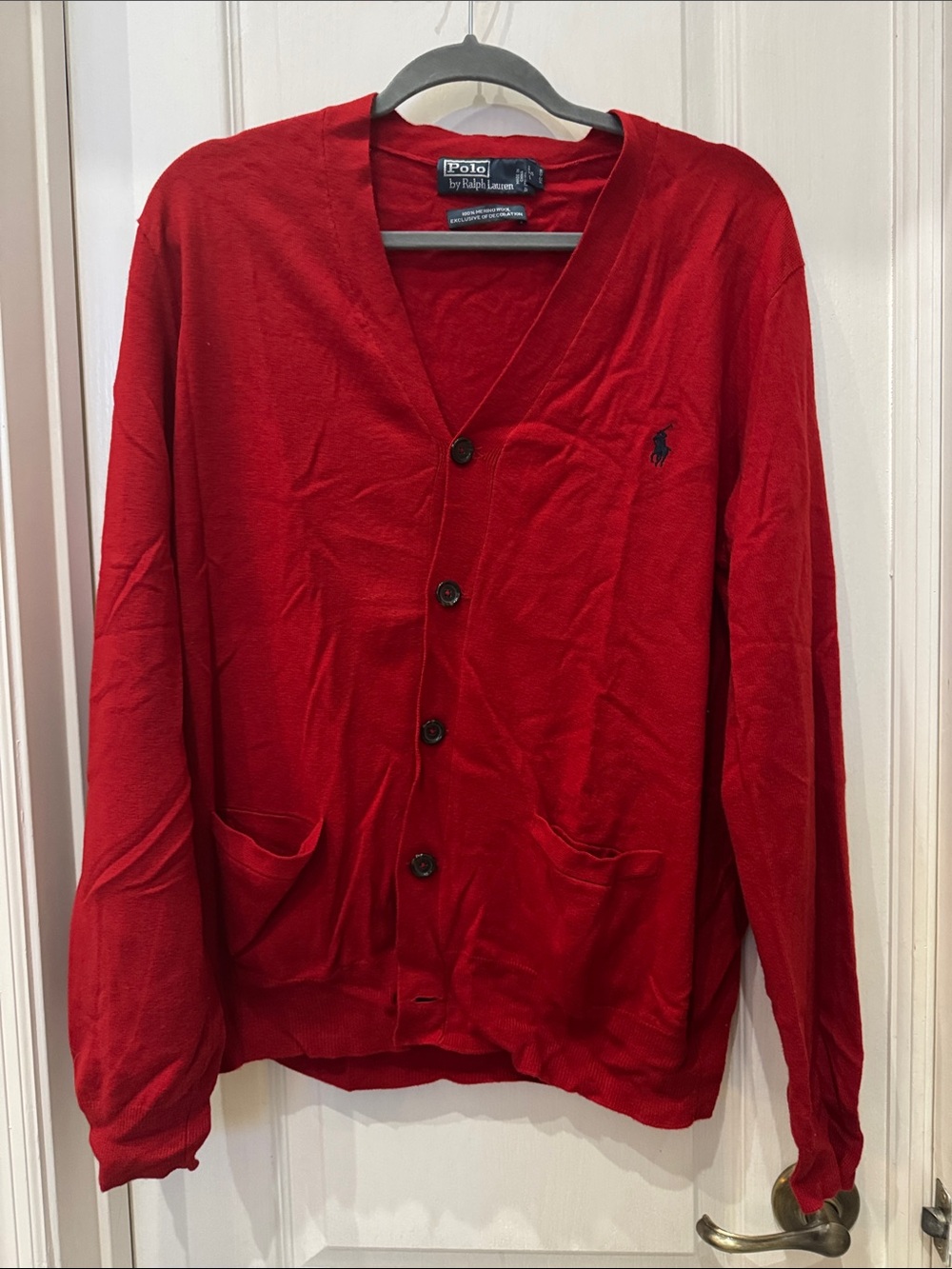 Polo by Ralph Lauren Red Vintage V-Neck Button Cardigan with suede elbow patches